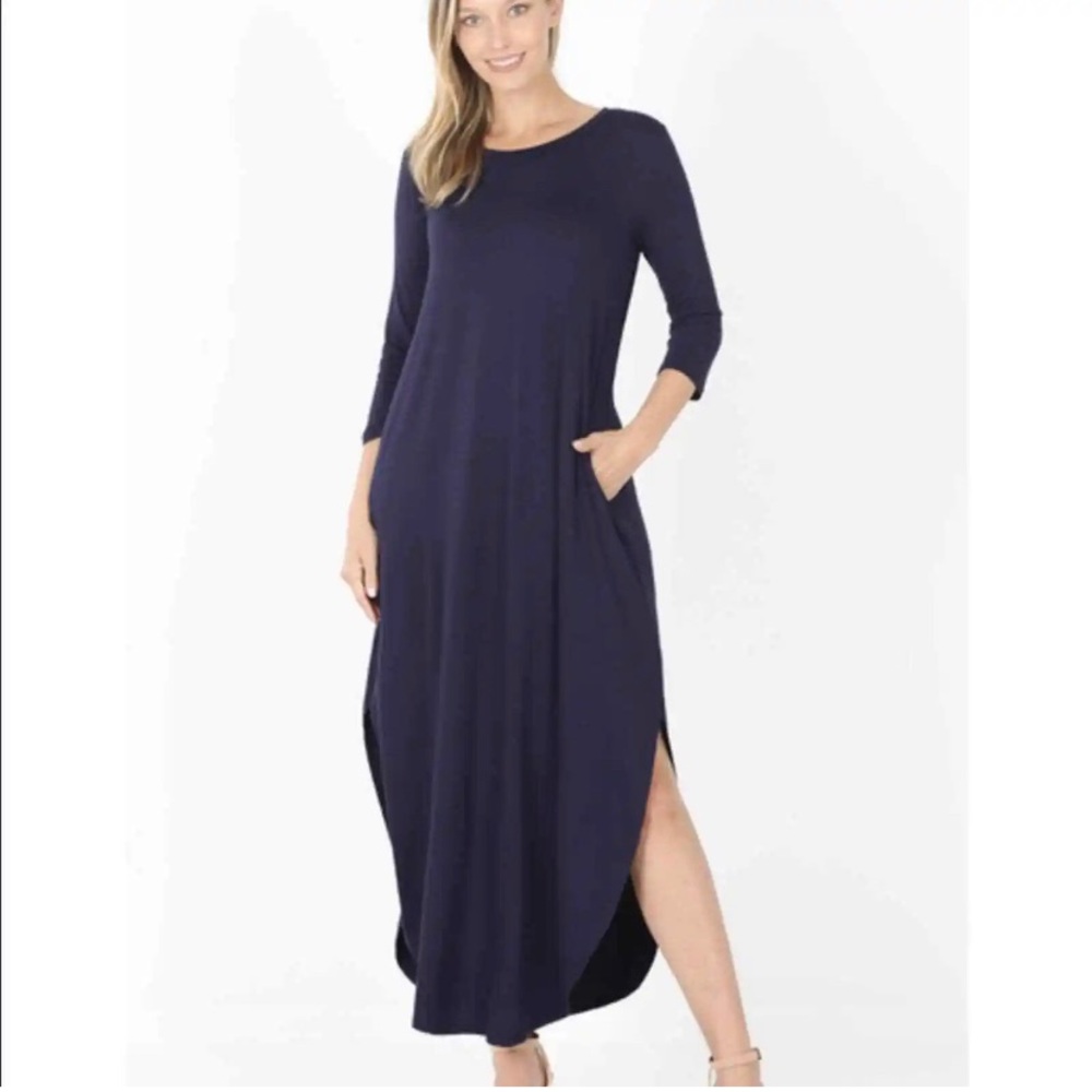 Zenana Outfitters half sleeve Maxi dress with pockets navy blue Small